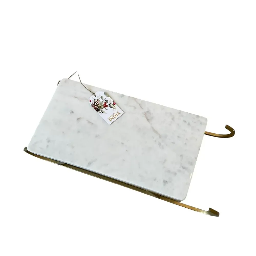 Marble Sledge Holiday Serving Tray 18x8 White & Gold Metal Handmade in India